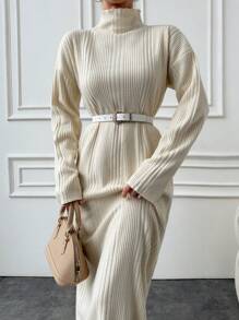 EURMUSE Cotton Solid Color Turtleneck Ribbed Knit Sweater Dress - White - View 5