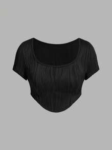 SHEIN Unity 單色紋理不對稱下擺短t恤 - 白色 - 查看 5