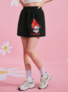 HELLO KITTY AND FRIENDS | SHEIN شورت كارتوني بخصر مطاطي ورسومات أحرف، صيفي - الأسود - مشاهدة 5