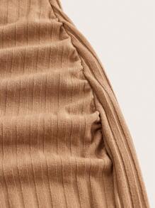 SHEIN Solid Color Off-Shoulder Long Sleeve Maternity Ribbed Dress - Khaki - View 4