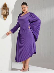 Modelyn Plus Size Women's Solid Color Asymmetric Neckline Pleated Hem Dress - Purple - View 7