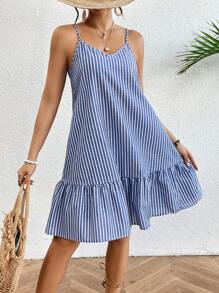 Breezaya 女士條紋荷葉邊背心連衣裙 - 藍色 - 查看 4