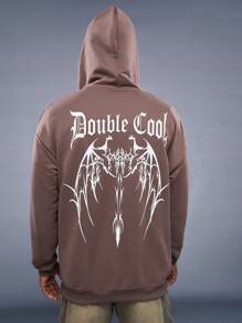 Manfinity VCAY 宽松男士字母图案和翼形落肩抽绳连帽衫，适合秋冬 - 棕色 - 查看 6