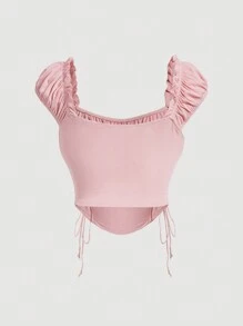 SHEIN MOD Camiseta talla grande con fruncido delantero, detalles con tirantes y aberturas laterales - Rosa - Ver 2