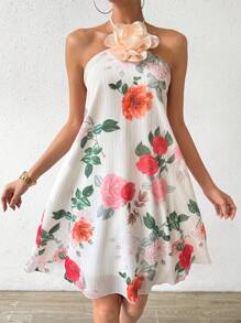 SHEIN LUNE Flower Printed Halter Neck Tie Waist 3d Flower A-Line Dress - Apricot - View 4