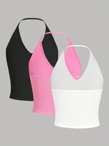 SHEIN 3 cái/bộ Thiếu niên cô gái Màu thuần Dệt kim gân sọc Áo hai dây - Màu Hồng  Dưa hấu - Xem 2