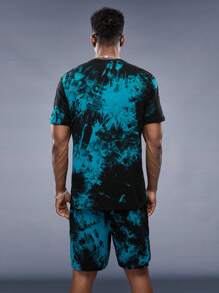 Manfinity RebelGame Men Cotton Drop Shoulder Letter Pattern Tie Dye Tee & Drawstring Waist Track Shorts - Mint Blue - View 2
