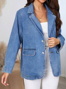 SHEIN LUNE Của phụ nữ Vòng cổ Áo khoác denim - Rửa trung bình - Xem 6
