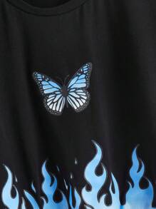 SHEIN 中學少女火焰與蝴蝶印花短身t恤 - 黑色 - 查看 4