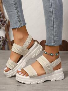 女士綁帶厚底楔形涼鞋,休閒百搭 - 米色 - 查看 5