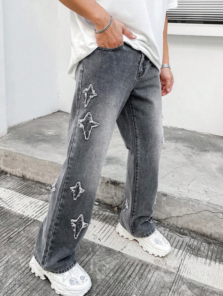 Manfinity Roghcode 男式細腿牛仔褲,星形布飾,直筒長褲,深色酸洗工藝牛仔布,卡其圖案,純灰色,派對嘻哈說唱風格 - 灰色 - 查看 1