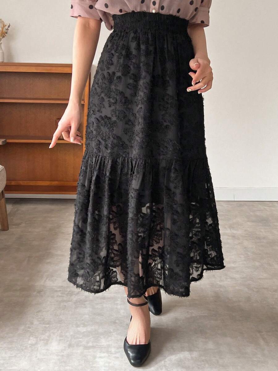 FRIFUL Falda evasé con estampado floral y volantes en el bajo para mujer - Negro - Ver 1