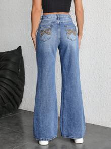 SHEIN Essnce Của phụ nữ Lỏng lẻo Thấp-Nâng cao Giò thẳng Quần jean Với Thêu Túi - Rửa trung bình - Xem 2