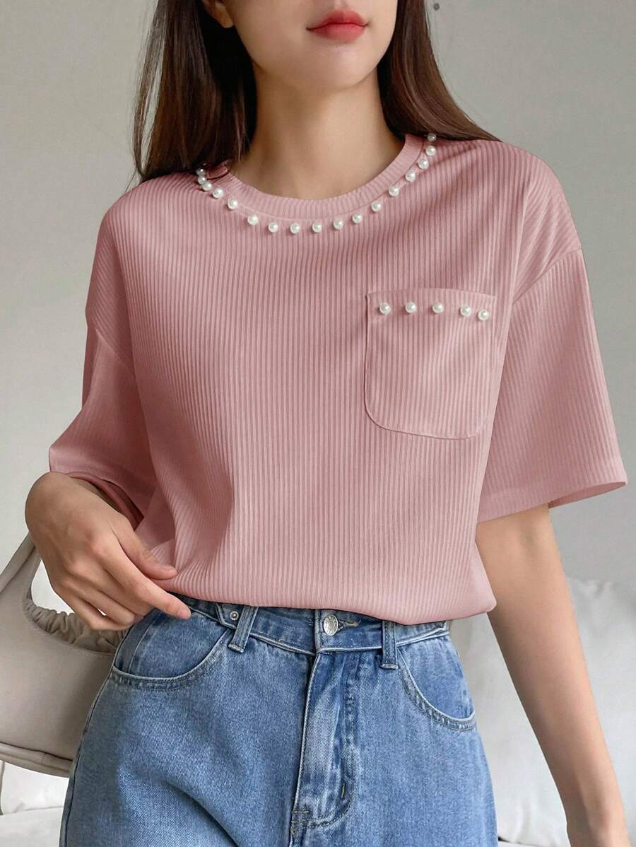 DAZY Women's Beaded Detail Drop Shoulder T-Shirt Summer - Pink - View 1