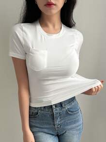 DAZY Women's Solid Color Round Neck Short Sleeve T-Shirt - White - View 4
