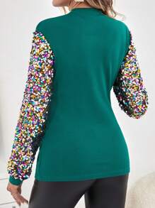 SHEIN Áo thun cổ đứng chắp vá lấp lánh cho bà bầu - Màu xanh lá cây đậm - Xem 2