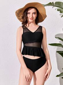 Teenage Girl's Stylish Bikini Set With Mesh Panels And Ruffle Trim