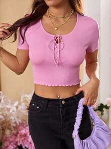 SHEIN Qutie 纯色前结短款针织上衣 - 粉色 - 查看 4