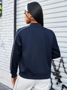 Gameset SHEIN Sport Tương phản Màu sắc Cạnh cuộn Single-breasted Áo khoác bóng chày - màu đen - Xem 2