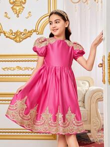 SHEIN Tween Girl Sibling Outfits: Fancy Gold Lace & Mesh Joint Round Neck Short Sleeve Dress