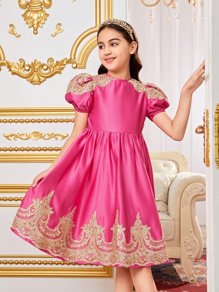 Tween Girl Sibling Outfits: Fancy Gold Lace & Mesh Joint Round Neck Short Sleeve Dress