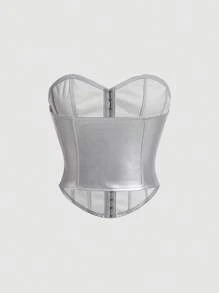 SHEIN MOD Women's Silver Buckled Front Fashion Strapless Top - Silver - View 2