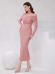 Modelyn Women's Asymmetrical Neckline Pleated Bodycon Dress - Pink - View 1
