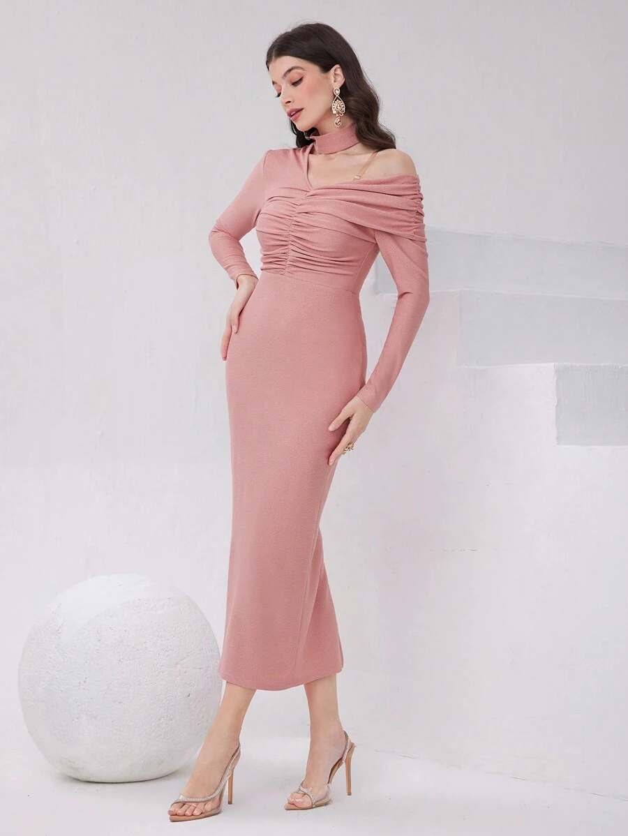 Modelyn Women's Asymmetrical Neckline Pleated Bodycon Dress - Pink - View 1