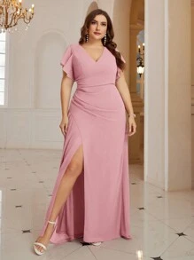 SHEIN Belle 加大码伴娘雪纺连衣裙，胸部交叉裹身，腰部褶饰，下摆开叉，优雅正式晚会舞会婚礼宾客礼服，适合毕业典礼、晚宴派对 - 藕粉色 - 查看 1