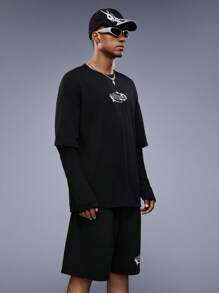 Mainfolk Men's Letter Printed Hollow Out Sleeve T-shirt With Shorts Set - Black - View 4