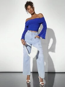 SHEIN BAE Women's Beaded Pearl Detail Off Shoulder Crop Top - Royal Blue - View 4