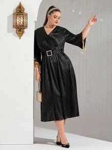 Modelyn Vestido de noche largo de satén con cuello envolvente y estampado de leopardo para talla grande - Negro - Ver 5