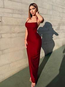 Allurite Women's Off-Shoulder Tie Knot Backless Dress Burgundy Maxi Women Outfit - Burgundy - View 5