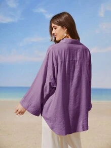 Mulvari 女士宽松落肩衬衫、长袖上衣 - 淺灰紫 - 查看 2