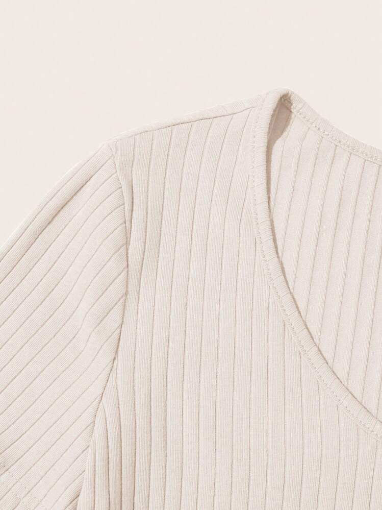 SHEIN Essnce Ladies' Solid Color Ribbed Knit T-Shirt - Apricot - View 5