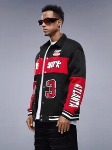 Manfinity LEGND Chaqueta oversize con gráfico de letras y bloques de color para hombres, colorida, de carreras, de manga larga, para salir, de tecnología, regalo para novio, chaqueta roja y negra para hombres, chaqueta universitaria para hombres, chaqueta de ropa urbana para hombres, grunge, otoño - Negro - Ver 4