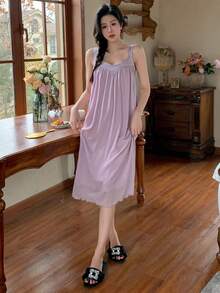 DAZY Của phụ nữ Màu thuần Xếp li Cami Váy ngủ - Màu tím - Xem 7