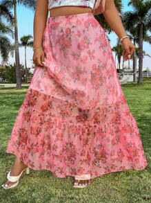 Flirla Plus Size Women's Floral Print Ruffle Hem Skirt Fall Cloth For Women - Multicolor - View 1