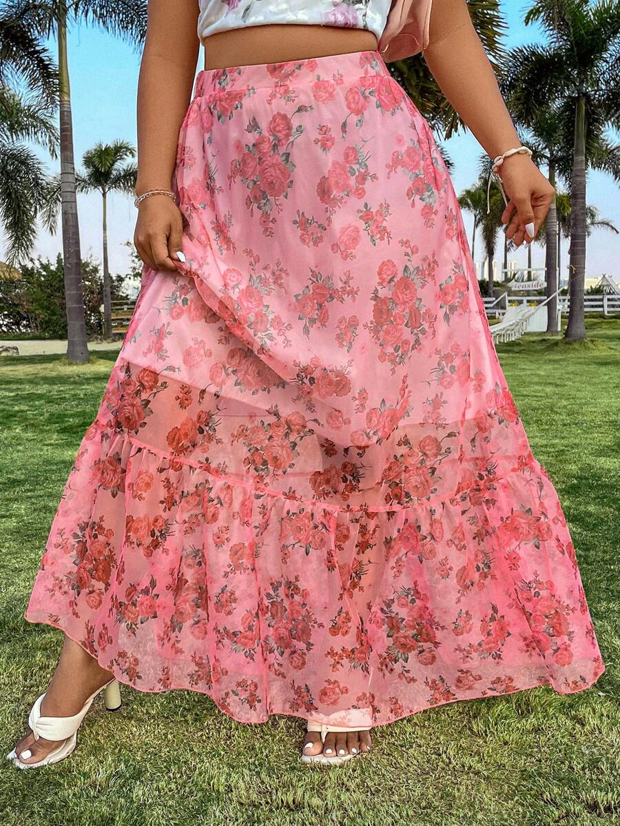 Flirla Plus Size Women's Floral Print Ruffle Hem Skirt Fall Cloth For Women - Multicolor - View 1