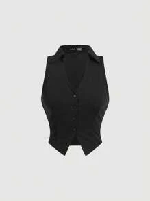 SHEIN MOD Áo ba lỗ màu trơn cho nữ mùa hè có nút cài phía trước - màu đen - Xem 1