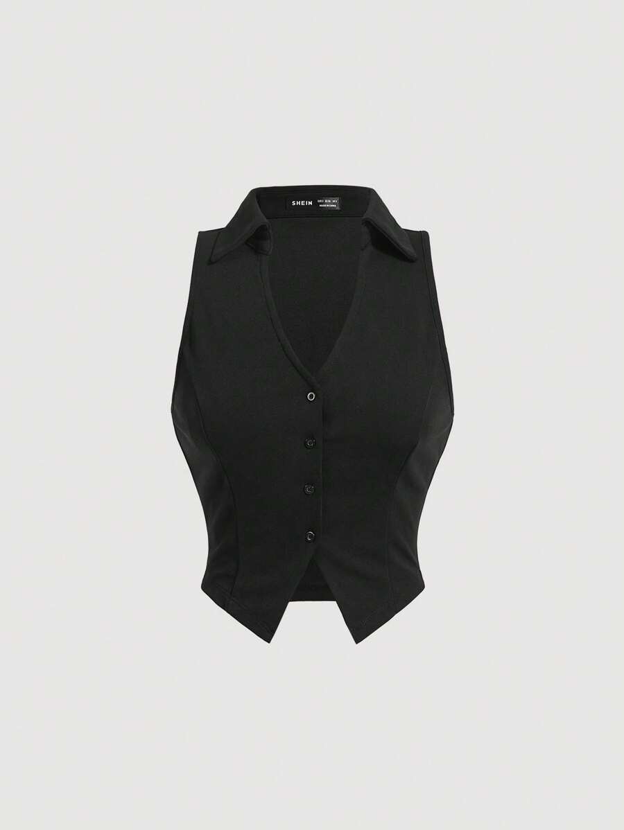 SHEIN MOD Áo ba lỗ màu trơn cho nữ mùa hè có nút cài phía trước - màu đen - Xem 1