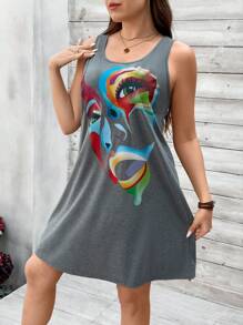 SHEIN LUNE 大尺碼女士休閒無袖抽象人物印花連衣裙 - 灰色 - 查看 3