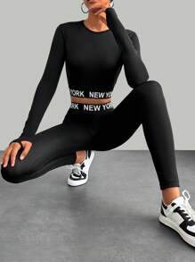 RueChic Letter Graphic Thumb Holes Crop Tee & Leggings - Black - View 5