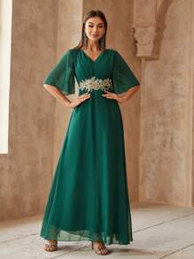 SHEIN Belle Vestido Longo Elegante Decote em V com Bordado e Aplicação na Cintura Marcada para Mulheres - Verde Escuro - Visão 6