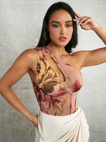 Silquee 春季服装抽象花卉网眼印花单肩镂空褶皱紧身弹力假日女式紧身衣 - 彩色 - 查看 6