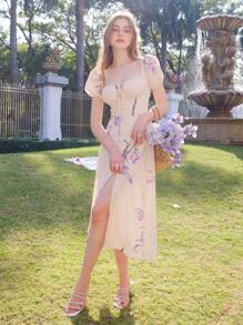 Women's Floral Print Puff Sleeve Split Dress, Square Neck, For Summer Vacation - Beige - View 1