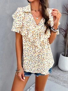2024 Spring/Summer Casual Ditsy Floral Printed Ruffle Edged Shirt - White - View 3