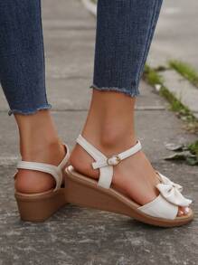 Women's Wedge Heel Thick Sole Bowknot Sandals With Ankle Strap, Beige Fashionable Shoes Valentines