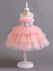 SHEIN Glamorique Kids Robe de princesse multijouche belle et magnifique avec perles et grand nœud pour jeunes filles, idéale pour les fêtes de mariage, la soirée de l'hôtesse, les fêtes d'anniversaire et autres occasions spéciales - Rose bonbon - Voir 4