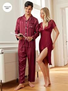 1pc Women's Lace Decorated High Slit Satin Night Dress - Burgundy - View 1